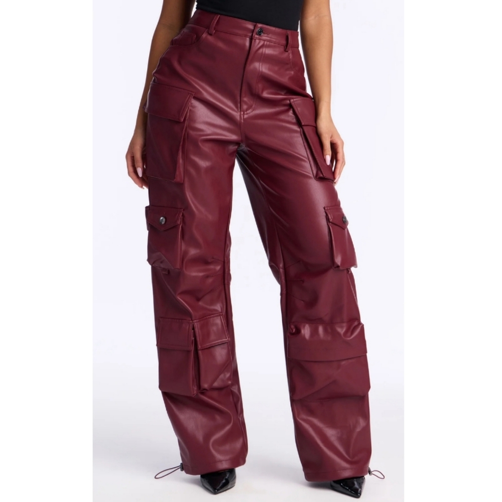 Cargo Pant Faux Leather Red Burgundy Fashion Nova XS Streetwear Trendy